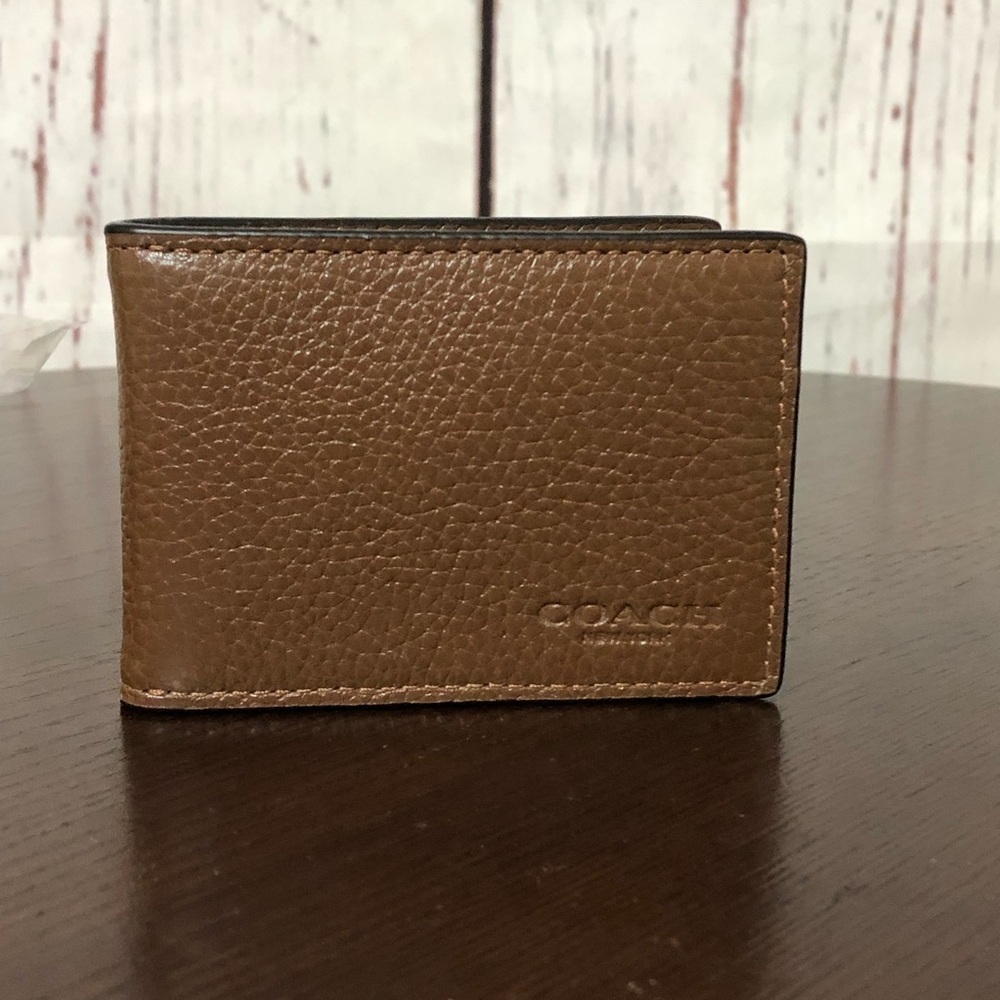 Coach Compact Bi Fold Brown Leather Men’s Wallet NWT